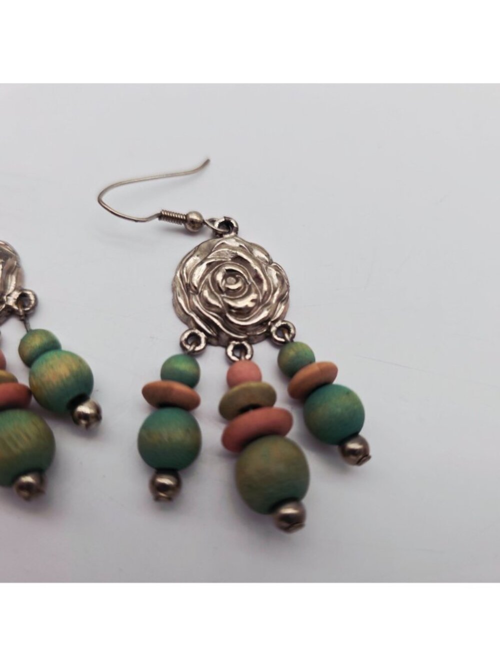 Beaded Dangle Earrings Floral Rose Motif & Metal Multicolored Wood Beads Boho - Picture 3 of 4